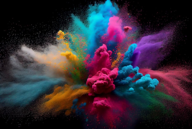 Colorful powder dust exploding in Holi day Generative AIColorful starch and dye powder dust exploding in Holi day Generative AI