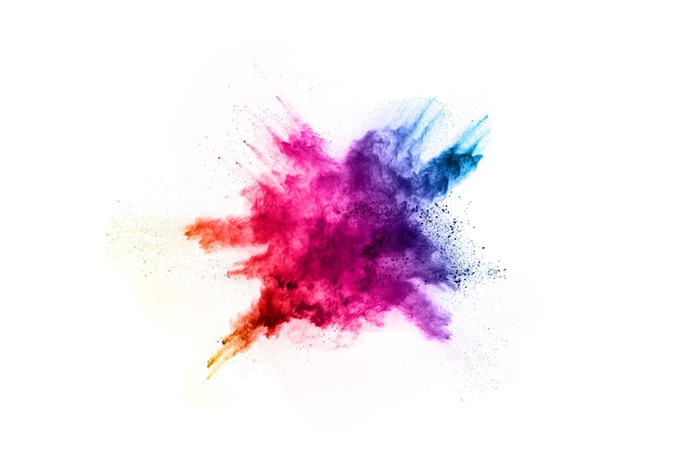 Colorful powder explosion on white background. Colored cloud. Colorful dust explode. 