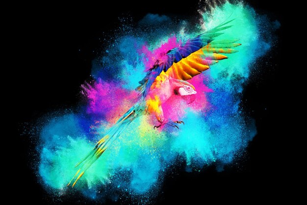 Colorful powder explosion with Macaw parrot flying isolated on black background.