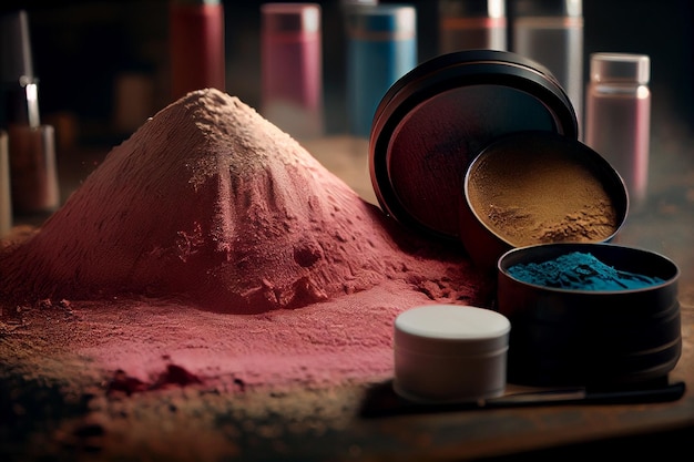 Colorful powder for makeup and cosmetics on dark backgroundgenerative ai