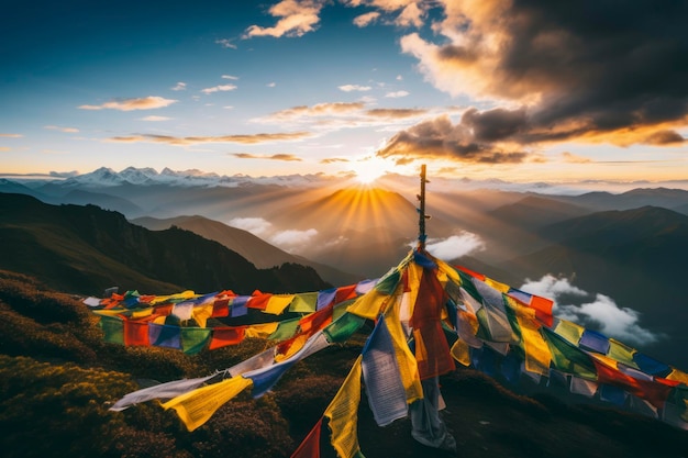 Colorful prayer flags fluttering in the Himalayan breeze