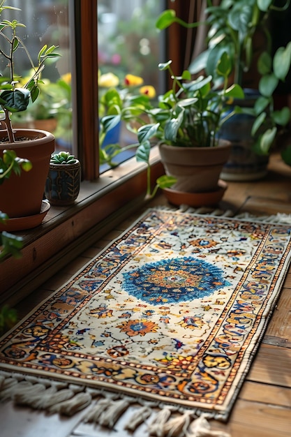 Colorful prayer rug and flower on the wooden floor in the room Muslim concept