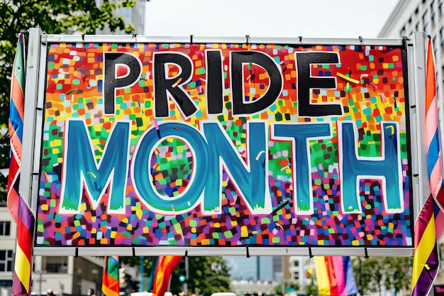 Photo colorful pride month sign with a mosaic pattern celebrating diversity and inclusion in a vibrant an