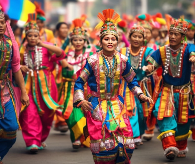 A colorful procession of dancers in traditional