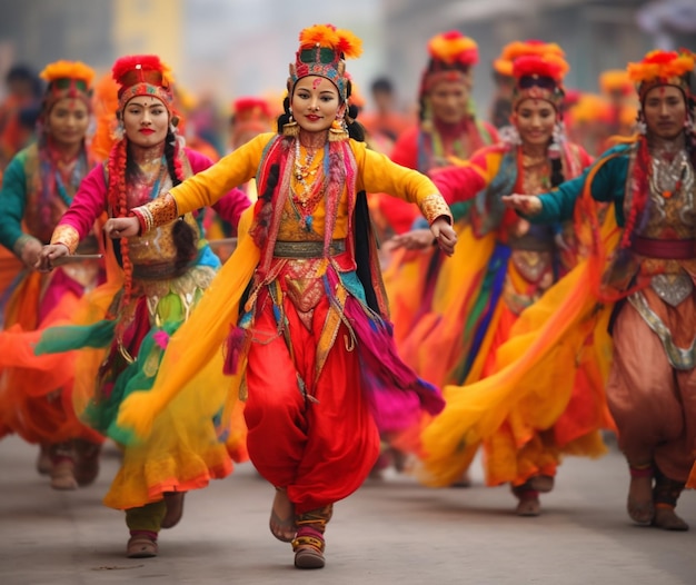 A colorful procession of dancers in traditional