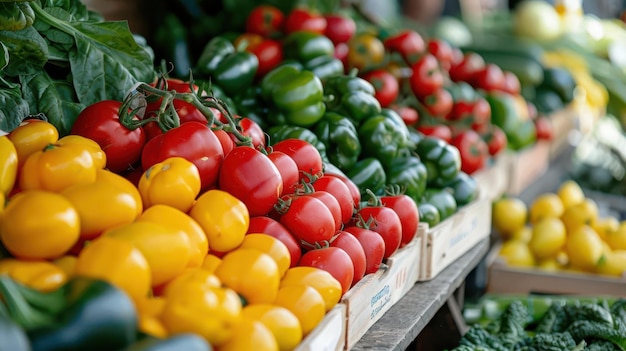 Colorful produce and seasonal vegetables displayed at a lively market stall creating an inviting and healthy atmosphere with clear space for informational text