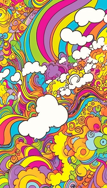 A colorful psychedelic background with clouds and rainbows generative ai