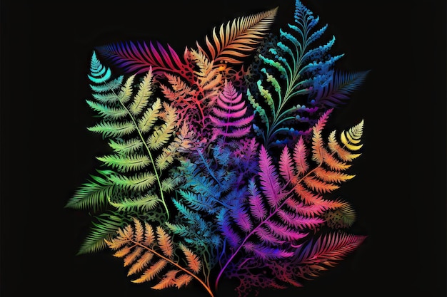 Colorful psychedelic ferns on black background created with generative ai