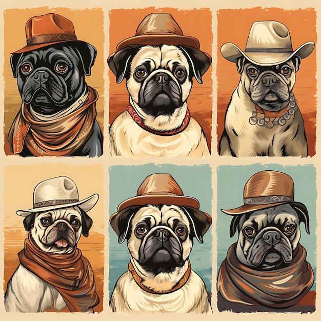 Colorful a Pug Dog With Cowboy Suit Wearing a Hat and Sitting With a Animal Stamp collection idea