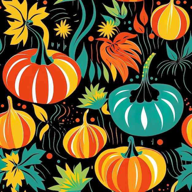 Photo a colorful pumpkin patch with orange and green leaves and a black background with orange and yellow flowers