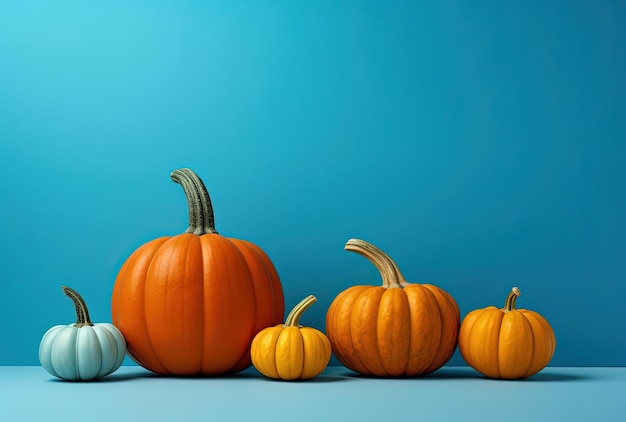 colorful pumpkins and autumn leaves on blue background