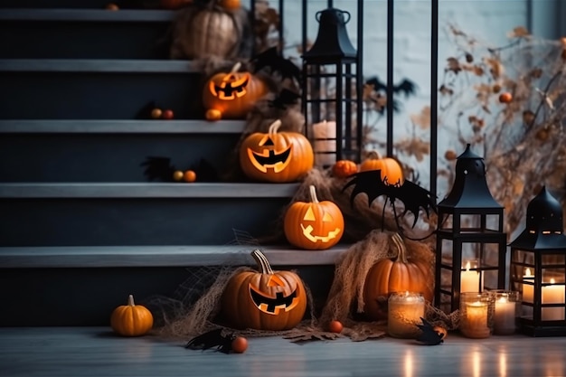 Colorful Pumpkins and Flowers on the Stairs of house decoration for Halloween Generative AI