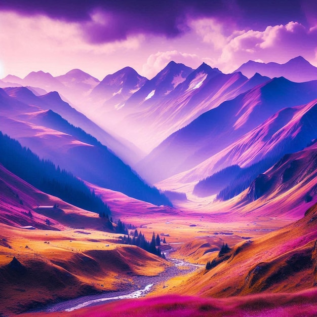 Colorful purple majestic mountains in background with a grassy valley