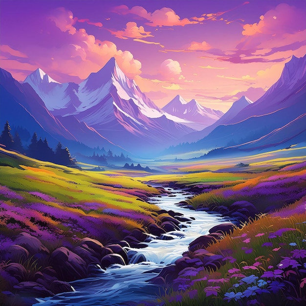 Colorful purple majestic mountains in background with a grassy valley