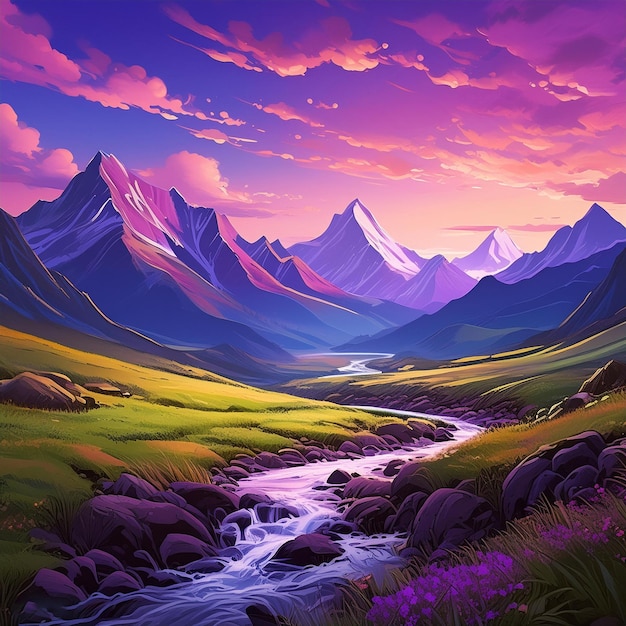 Colorful purple majestic mountains in background with a grassy valley