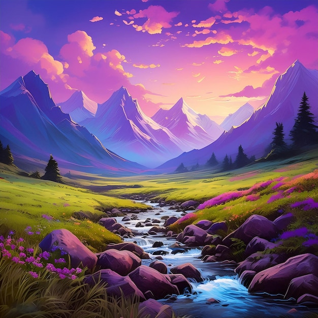 Colorful purple majestic mountains in background with a grassy valley