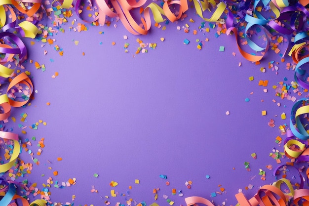 Photo colorful purple party background with streamers and confetti