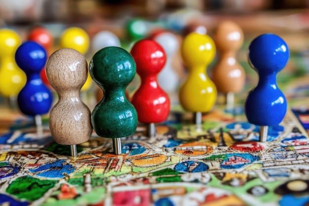 Colorful push pins on a detailed city map