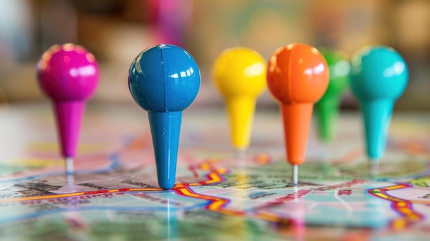 Photo colorful push pins on a map