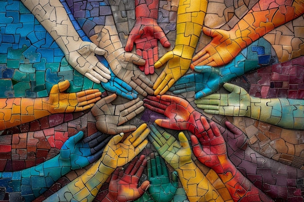 Photo colorful puzzle hands reaching inward