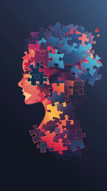 Colorful puzzle head silhouette on dark background mental health concept