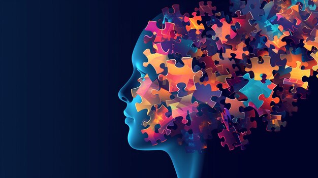 Colorful puzzle head silhouette on dark background mental health concept