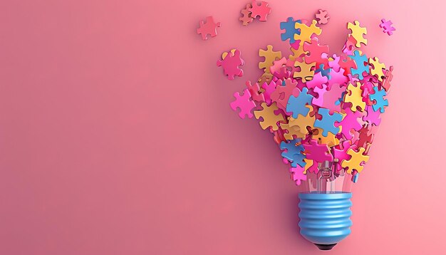 Photo colorful puzzle pieces shaped as a light bulb on pink background