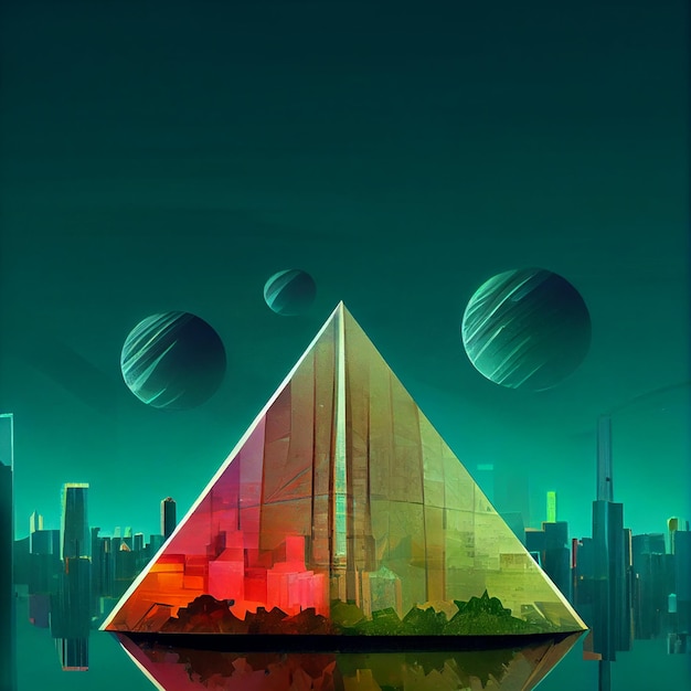 A colorful pyramid with a city in the background