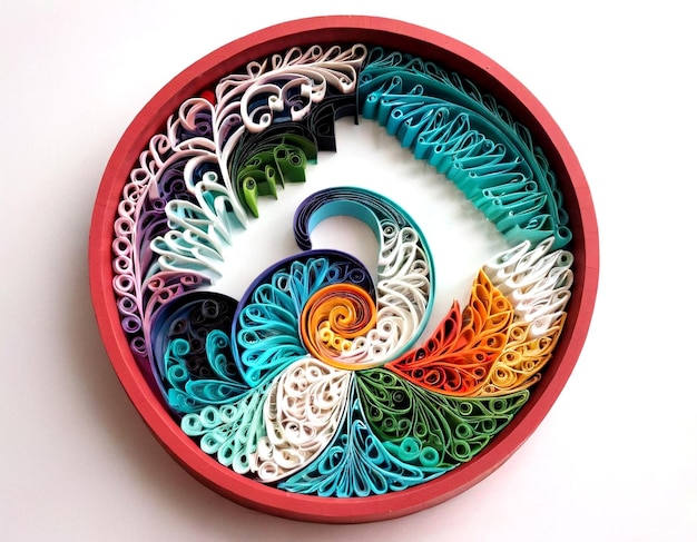 Colorful quilling art displayed in a round frame with intricate patterns