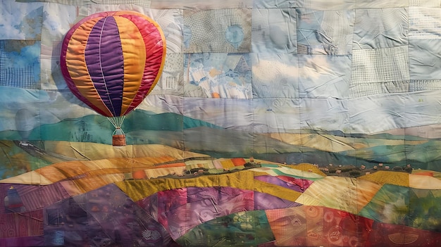 a colorful quilt with a colorful hot air balloon in the background