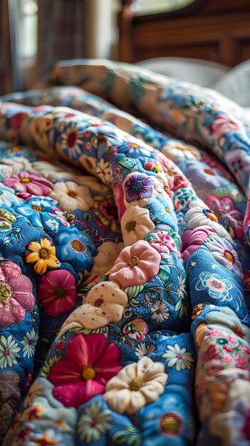 A colorful quilt with flowers on it is laying on a bed