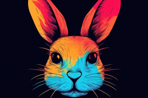 Colorful rabbit face on a black background Generative AI