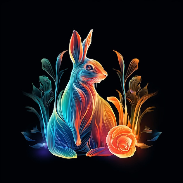 Colorful Rabbit Springtime Meadow Flowing Neon Lines Carrots Long EarY2K Gradient Light Art