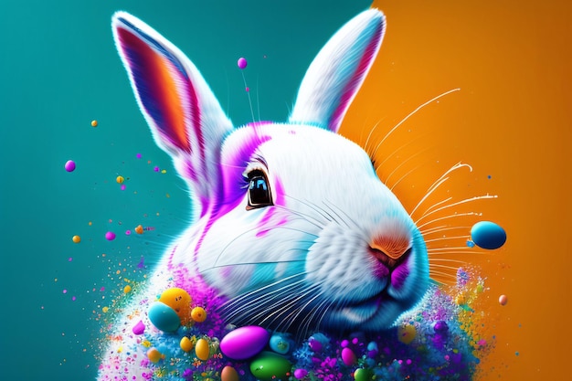 A colorful rabbit with a white face and purple and orange paint on its face.