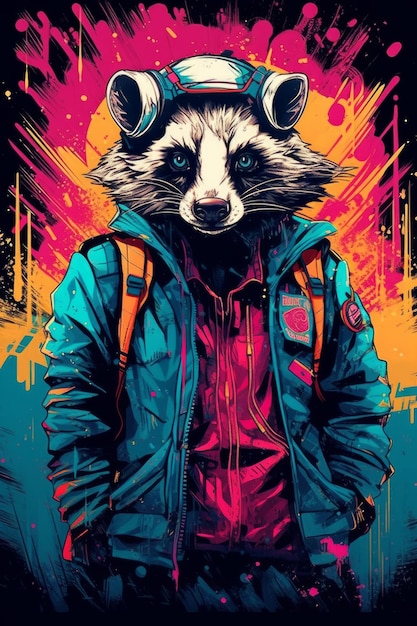 A colorful raccoon with a hat and jacket.