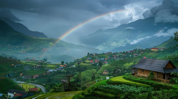 Colorful rainbow appearing on the sky over nature landscape