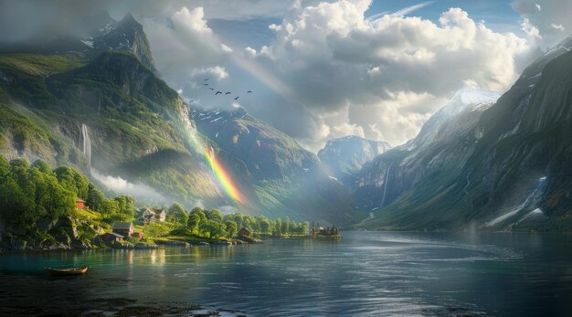 Colorful rainbow appearing on the sky over nature landscape