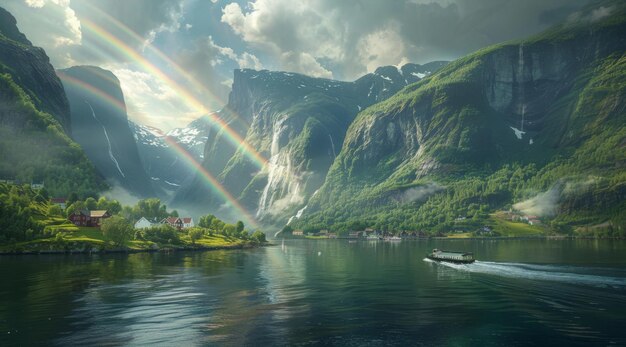 Colorful rainbow appearing on the sky over nature landscape