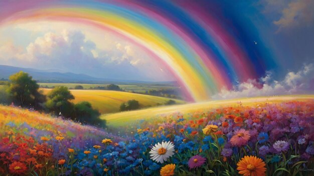 Colorful rainbow over a blossoming field