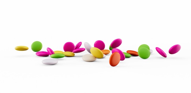 Colorful rainbow candy falling Flying on white background 3d illustration