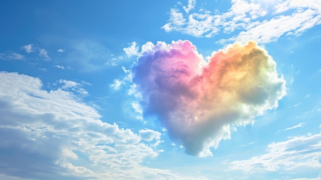 Colorful rainbow clouds in the shape of a heart on a blue sky on Valentines Day Ai Generated