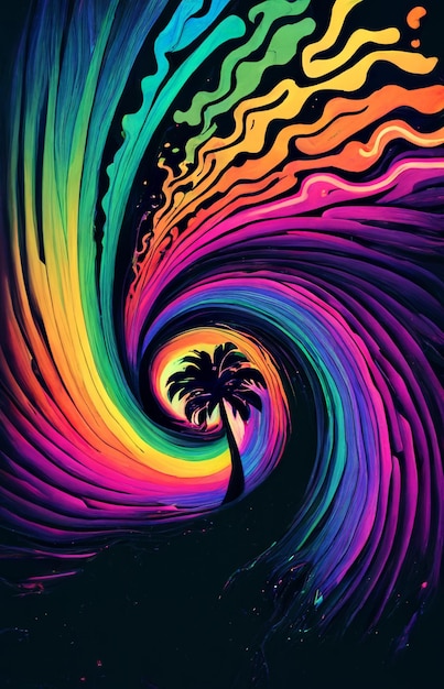 A colorful rainbow colored background with a palm tree in the center.