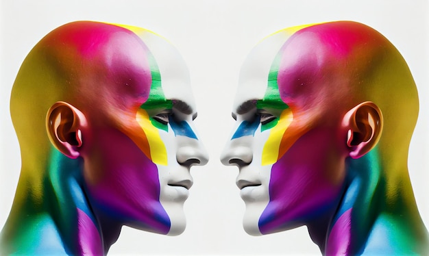 A colorful rainbow head of a mannequin with a white background