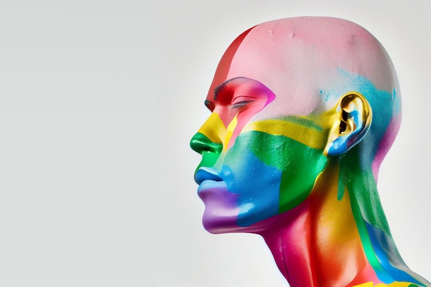 A colorful rainbow head of a mannequin with a white background