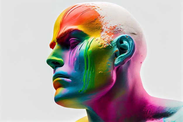 A colorful rainbow head of a mannequin with a white background