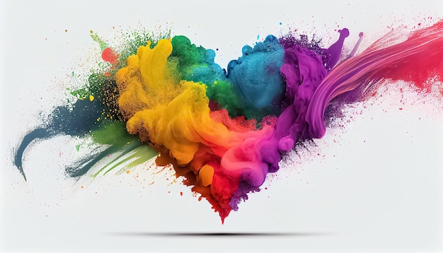 Colorful rainbow holi paint color powder explosion heart shape white background scene