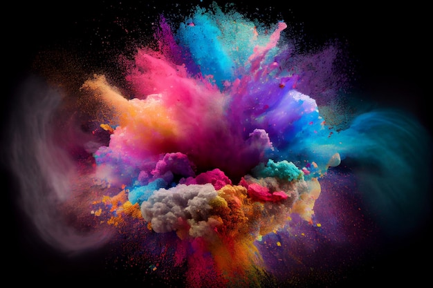 Colorful rainbow holi paint powder explosion on black background illustration