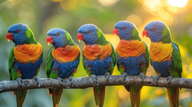 Photo colorful rainbow lorikeets perched on a branch