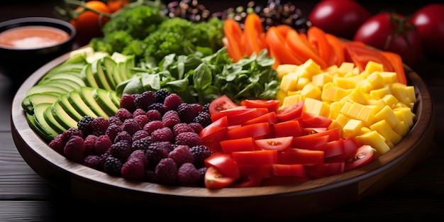 Colorful rainbow made from fruits and vegetables on a table Concept Fruits Vegetables Rainbow Colorful Table