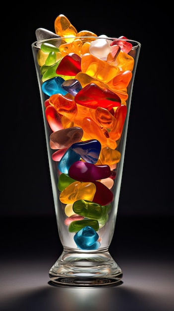 Colorful rainbow pebbles stones stacked in glass cone cup on clean background